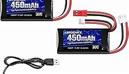 URGENEX 7.4V Lipo Battery 2S 30C 450mAh Rechargeable Lipo Battery with JST & PH2.0 Plug SCX24 Battery with 1to2 USB Charger Fit for Most 1/10, 1/16, 1/18, 1/24 Scale RC Car Truck and RC Drone Airplane