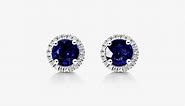 18K White Gold Round Halo Sapphire and Diamond Earrings-8340509w