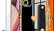 Likiyami (3in1 for Samsung Galaxy A14 5G Phone Case Heart for Women Girls Girly Cute Luxury Pretty Aesthetic with Stand Cases Black and Gold Plating Love Hearts Cover+Screen+Chain for A14 6.6"