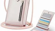 Casecond Small Crossbody Bag Cell Phone Purse for Women Men Leather Mini Shoulder Bag Wallet Case with Card Holder Slot Pouch Neck Strap Lanyard for All Smartphones iPhone Samsung up to 7.3" Rose Gold