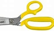 Klein Tools 23015 Scissors, Made in USA, Single-serrated Blade Blunt Shear Cuts Belting, Heavy Fabric, Leather, Upholstery, Heavy Carpet, More, 9.75-Inch