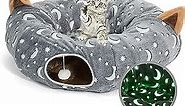 LUCKITTY Cat Tunnel Bed Tube with Cushion and Plush Ball Toy Playground Crinkle Collapsible Self-Luminous Flannel Fabric 3FT for Large Cats Kittens Kitty Small Animals Puppy Grey Moon Star