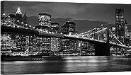 Brooklyn Bridge Canvas Wall Art Black and White City Night View Painting Picture Modern Artwork for Home Wall Decoration Framed, Size 20"x40"