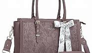 MOSISO Laptop Bag for Women, 15.6-16 inch PU Leathe Tote Bag Compatible with MacBook, HP, Dell, Asus Notebook, Front Embossed Retro Hibiscus Computer Bag with Silk Scarf&Clutch Purse, Slate Purple