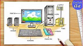 How to Draw Computer Parts Step By Step / Computer Parts Drawing / Desktop Computer Drawing