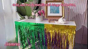 2.5 ft x 10 ft Green, Gold, and Purple Metallic Foil Fringe Table Skirt, Mardi Gras Party Tinsel Table Skirts Cover, Perfect Carnival Decorations for Fat Tuesday, New Orleans Parade Celebrations