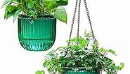 Melphoe 2 Pack Self Watering Hanging Planters Indoor Flower Pots, 6.5 Inch Outdoor Hanging Basket, Plant Hanger with 3Hooks Drainage Holes for Garden Home (Emerald)