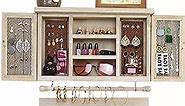 X-cosrack Rustic Mesh Hanging Jewelry Organizer Wall Mounted for Necklaces,Earings, Bracelets,Ring Holder,with Removable Bracelet Rod,Hooks,Wooden Barndoor Decor