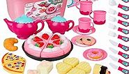 D-FantiX Tea Set for Little Girls, 52Pcs Girls Tea Toys Pretend Play Afternoon Tea Party Set Playset with Plastic Tea Pots Tea Cups Dishes Cake Dessert Gift for Toddlers Age 3 4 5 6 7 Year Old