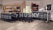 Husky 52 in.W x 24 in. D Steel 1-Drawer Adjustable Height Workbench with Dark Stained Wood Top in Gloss Black HOLT5201B11