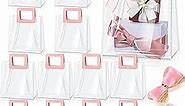 Fulmoon 12 Pcs Clear Gift Bag with Handle and 2 Rolls Sheer Ribbon with Gold Trim Reusable Transparent PVC Gift Bag for Bridal Party, Baby Shower, Wedding, Birthday, 7 x 4 x 8 Inch (Pink)