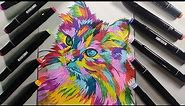 Pop art cat drawing using rainbow colors