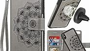 iPhone Xs Max Case, Xs Max Wallet Case with Detachable Slim Case,Card Solts Holder, Fit Car Mount,CASEOWL Mandala Flower Floral Embossed Vegan Leather Flip Lanyard Wallet Case for iPhone Xs Max-Gray