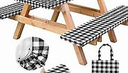 Vinyl Fitted Picnic Table Cover with Bench Covers and Bag, 6ft Outdoor Waterproof Windproof Picnic Tablecloth with Elastic Edges. Camping RV Gear Must Have 72x30 Inches 3 Pcs Set (Black)