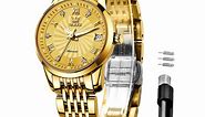 OLEVS Gold Watches for Women Classic Diamond Automatic Mechanical Self Winding Fashion Elegant Dress Wrist Watch Date Luminous Waterproof Stainless Steel Reloj, Gifts for Women