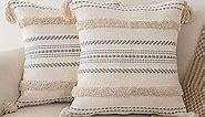 BUIOVBEY Boho Throw Pillow Covers 18x18 Set of 2 Woven Tufted Farmhouse Pillows Cover with Tassels Textured Striped Cushion Case Neutral Pillow Cases Decorative Pillowcase for Sofa, Couch, Bed, Khaki