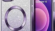 Hython for iPhone 12 Case Clear Magnetic Glitter Phone Cases [Compatible with MagSafe] Full Camera Lens Protector Slim Gradient Sparkle Luxury Plating Shockproof Protective Cover Women Girls, Purple