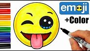 How to Draw + Color Emoji w/Winking Eye, Tongue Out Face step by step EASY