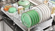Dish Drying Rack - Expandable Dish Rack - Large Stainless Steel Dish Dryer Racks for Kitchen Counter with Wine Glass Holder, Cutlery Holder, White