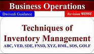 Techniques of inventory management, ABC Analysis, VED, DSE, FNSD, XYZ, HML, SOS, GOLF, Operations