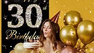 HTDZZI Happy 30th Birthday Decorations for Men Women - 30 Birthday Door Banner, Yard Sign, Photo Booth Props Backdrop - Black Gold Birthday Party Decor Supplies in Fabric Material, 3 x 6 ft