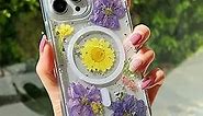 ASONCE Cute Real Flowers for iPhone 13 Pro Max Magnetic Case for Women [Compatible with MagSafe] Clear Glitter 10FT Drop Protection Phone Case for iPhone 13 Pro Max 6.7 inch-Purple Floral