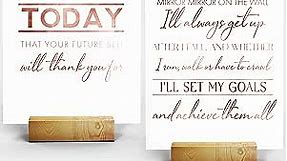 Merry Expressions Inspirational Office Desk Decor for Women, Rose Gold Home Office Decor, 15 Motivational Cards with Two Wooden Bases