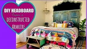 Trash to Treasure Headboard from a deconstructed Armoire and how to paint velvet upholstery