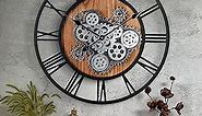 Lafocuse 23 Inch Wall Clock with Moving Gears. Roman Numeral Wooden Large Moving Gears Wall Clock, Oversize Industrial Farmhouse Vintage Wall Clock for Living Room Decor Office Home
