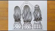 Best friends tutorial with pencil sketch//How to draw Three Friends Hugging Each Other