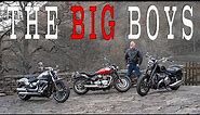 Heavyweight Cruiser Motorcycle Shootout. Harley-Davidson Breakout 117, BMW R 18, Triumph Speedmaster