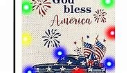 God Bless America Patriotic Garden Flag with LED Lights, 12.5 x 18 Inch Double Sided Truck Welcome Lighted Yard Flag for Outdoor, 4th of July USA Burlap Vertical Led Light Flag for Lawn Patio Decor