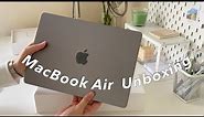 MacBook Air M2 (space gray) + Airpods 3rd generation aesthetic unboxing, accessories, setup ☁️