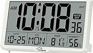 WallarGe Auto Set Digital Wall Clock Battery Operated, Desk Clocks with Temperature, Humidity and Date, Large Display Digital Calendar Alarm Clock for Elderly, Bedroom, Office, 8 Time Zone, Auto DST.