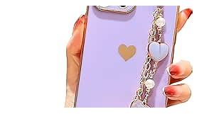 iPhone 13 Pro Case for Girls Women,Cute Love-Heart Case with Sparkle Bead Chain Strap Slim Soft TPU Full Camera Protection Bumper Shockproof Phone Cover Case for iPhone 13 Pro (Purple)