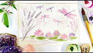 Dragonflies and Waterlilies - Simple easy Lotus Flowers and Bullrushes in Watercolor with Sparkles