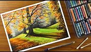 Oil pastel scenery / Step by step tree landscape oil pastel Drawing for beginners