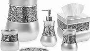 Creative Scents Silver Bathroom Accessories Set Complete - 6 Piece Mosaic Glass Bathroom Accessory Set Includes: Trash Can, Tissue Box Cover, Soap Dispenser, Toothbrush Holder, Soap Dish & Tumbler