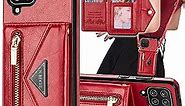 Galaxy A12 Phone Case Wallet for Women/Men,Galaxy A12 Case with Card Holder, Slim Protective Leather Flip Magnetic Crossbody Wallet Case with Strap &Kickstand Zipper Purse for Samsung A12 Red