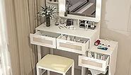 ARTETHYS Makeup Vanity Desk with Mirror and Lights Boho Vanity Table Set with Charging Station White and Rattan Vanity Desk with Drawers and Stool for Bedroom