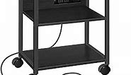 MAHANCRIS Industrial Printer Cart, 3-Tier Mobile Printer Stand, Rolling Cart with Power Outlets and USB Ports, Home Printer Stand with 2 Hooks, for Office, Living Room, Black PTHB40E01