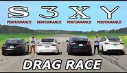 Tesla Model S vs 3 vs X vs Y - PERFORMANCE Models // DRAG & ROLL RACE