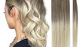 Full Shine Ponytail Extension Blonde Human Hair Balayage Ash Brown Fading to Platinum Blonde Wrap Around Ponytail Ombre Hair Extensions for Women Silky Straight 70Grams 12Inch