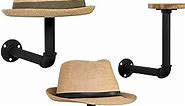 MyGift Wall Mounted Hat Rack Holder wih Realistic Black Metal Pipe and Brown Wood, Hanging Entryway Hat Hooks and Wig Holder Rack, Set of 3