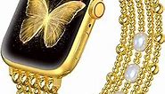 fastgo Gold Beaded Bracelet Band Compatible with Apple Watch Bands 41mm/40mm/38mm/44mm/45mm/42mm/49mm Women, Natural Pearl Gold Beaded Elastic Strap for Iwatch Bands(Gold)