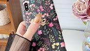 Qokey Compatible with iPhone Xs Max Case,Black Garden Flowers Case Cute Fashion for Women Girls with 360° Rotatable Ring Holder Kickstand Soft Shockproof Cover for iPhone Xs Max 6.5" Rattan Floral