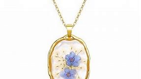 Necklace Forget Me Not Jewelry - Handmade Pressed Flower Necklaces - Forget-Me-Not Flowers Symbolize True Love And Respect - Great Gift for Women - Rose Gold Pendant | 18”