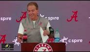 Nick Saban laughs and asks the media for an assessment on his press conference performance
