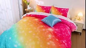 A Nice Night 6Pcs Gradient Glitter Bedding Set for Girls Full Size, Colorful Rainbow Galaxy Comforter Set, Ultra Soft Bedding Sets, Pink