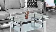 HomVent Coffee Table w/Frosted Glass Shelf,Glass Central Table w/Wood Legs,Rectangular Living Room Table w/Safety Corner Pads Cocktail Table Tea Table Sofa Side Tables TV Stand Tables for Bedroom